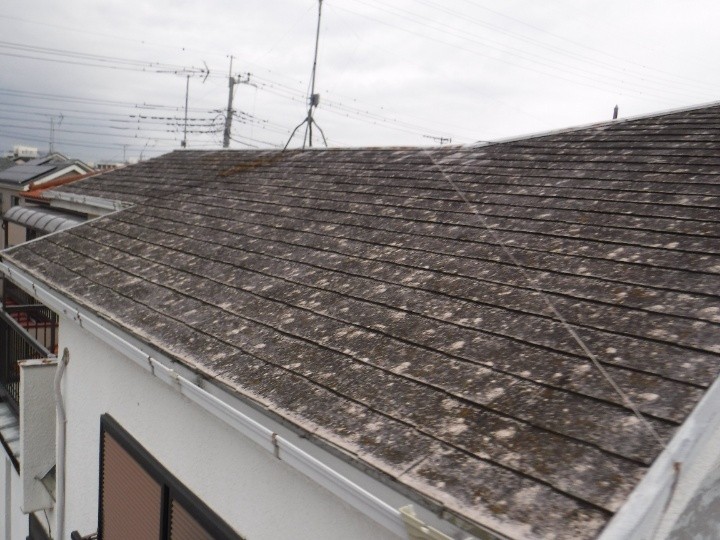 屋根全体に広がる色あせと表面の傷み