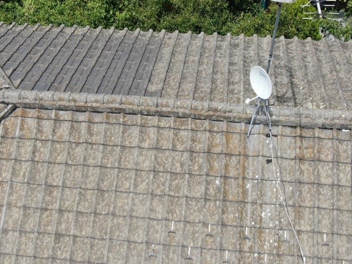 セメント瓦全体に色あせと付着物が広がる状態